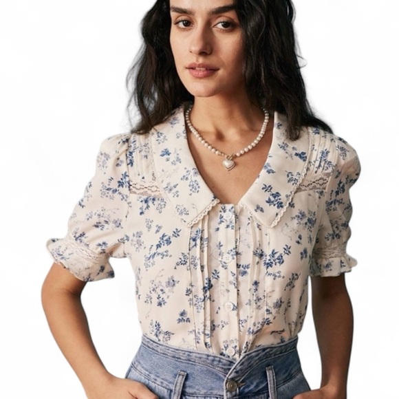 RIHOAS Tops - Rihoas Blue & White Floral Blouse | Lace Collar | XS | NWT